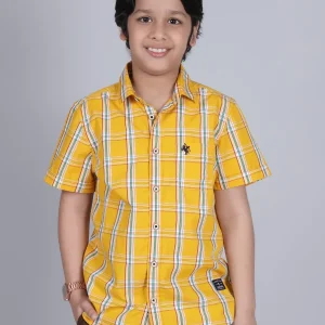 Boys Yellow Checkered Half Sleeves Spread Collar Casual Shirt