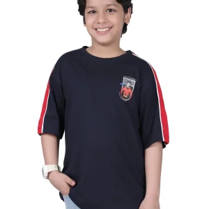 Boys Printed Light Navy Round Neck Half Sleeves Casual T-Shirt