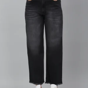 Women's Black Solid Wide Leg Stretchable Jeans